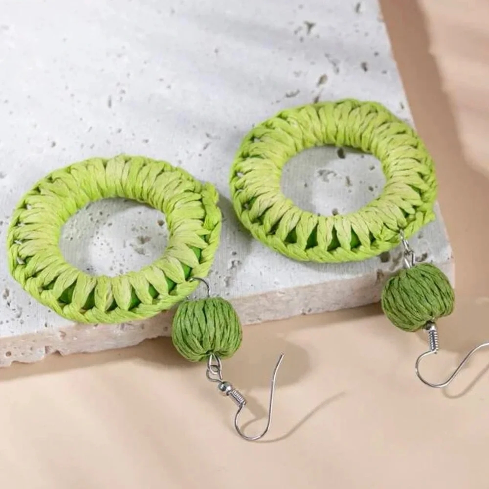 Rattan Round Drop Earrings Green Fiesta‎ Spring Cinco de Mayo FIESTA